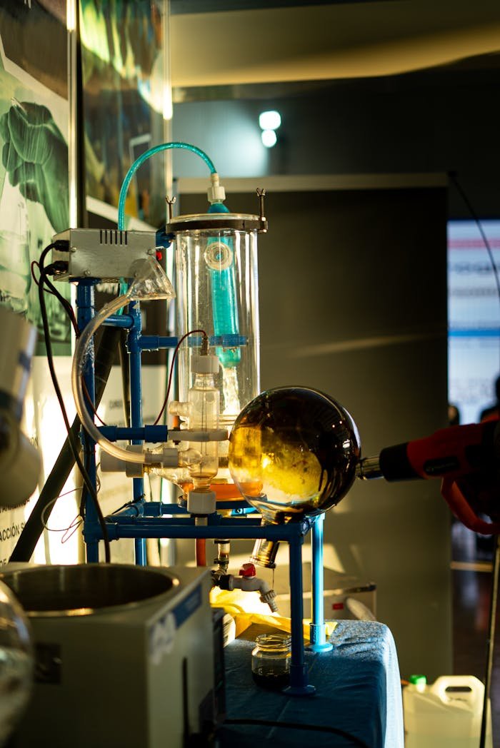 Glassware setup in a laboratory with dramatic lighting and reflections. High-tech and science-focused environment.